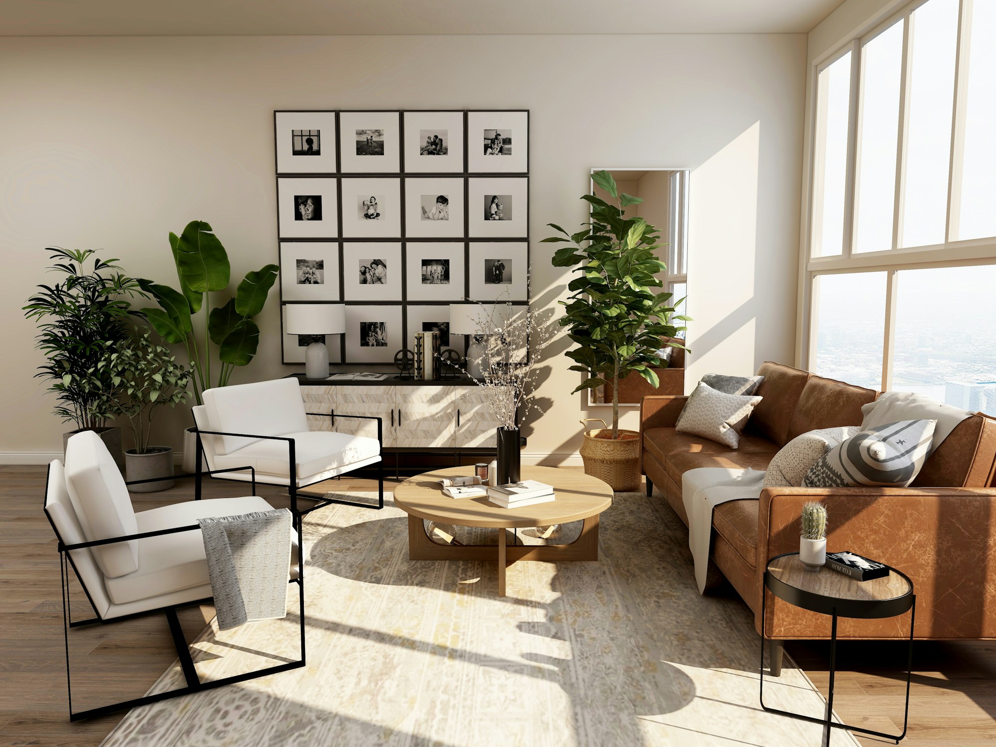 A light-filled living room with neatly arranged furnishings and plants