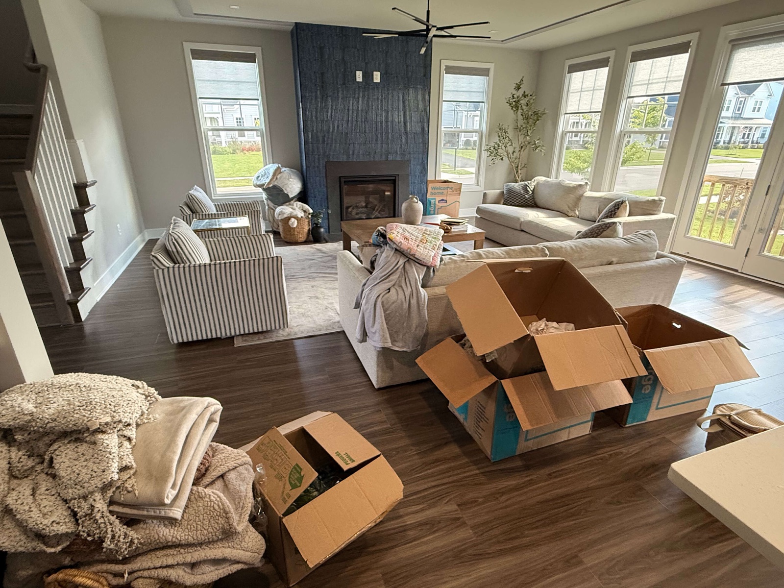 Living room with moving boxes before organizing